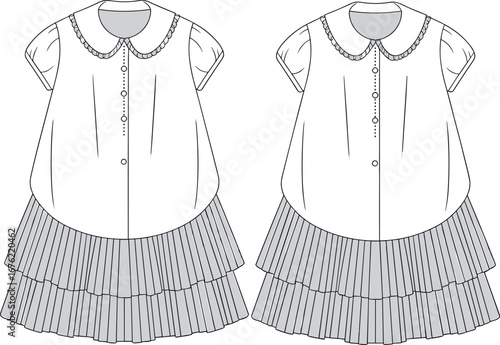 Girl’s pleated dress CAD flat sketch with puff sleeves, peter pan collar, layered skirt, front and back technical vector illustration