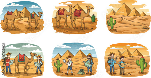 Cartoon desert travel illustration, pyramids, camels, cactus, explorer outfits, map reading, sandy landscape, adventure scene, colorful panels