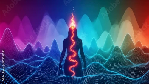 Woman silhouette with glowing energy flow, surrounded by abstract digital landscape, representing spiritual awakening and inner power footage.