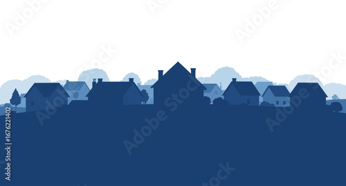 Serene suburban silhouette captures peaceful neighborhood charm, ideal for real estate and lifestyle themes.
