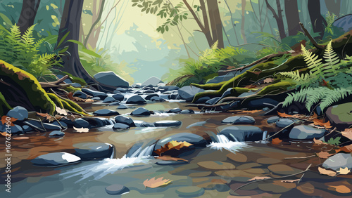 Serene forest stream with mossy rocks and vibrant ferns, creating a tranquil natural escape