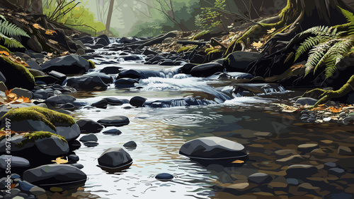 Serene forest stream cascades over mossy rocks, creating tranquil ripples and evoking peaceful nature immersion