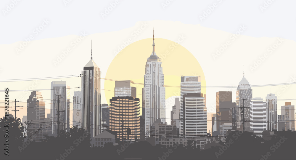 Obraz premium Stunning urban skyline bathed in warm golden hour light showcasing modern architecture and a vibrant city atmosphere perfect for business themes