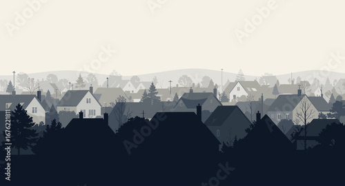Charming suburban neighborhood unfolds with cozy houses and trees under a hazy sky, evoking peaceful community living and quiet residential appeal
