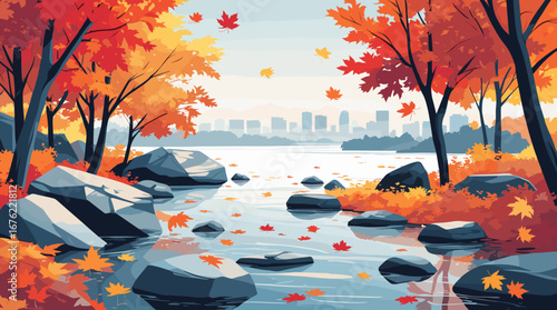 Vibrant autumn leaves float on serene water with a distant city skyline, evoking peaceful seasonal transition and urban nature beauty.