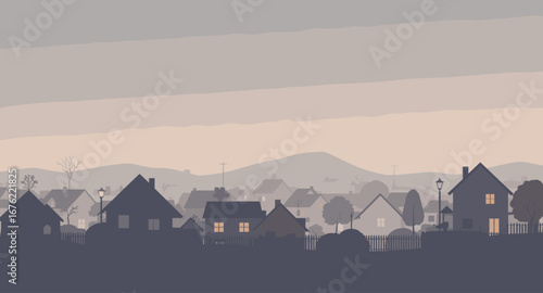 Serene village panorama at dusk with warm lit windows creating a cozy, tranquil atmosphere