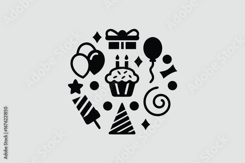 Celebration and party silhouette icon set – filled style festive, event, and birthday symbols for joyful occasions: balloon, cake, gift, hat, confetti, cupcake, streamers.