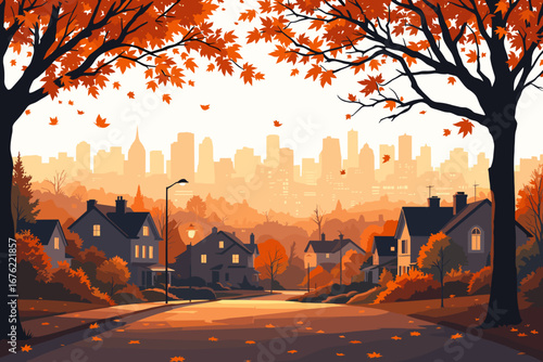 Vibrant autumn street scene with falling leaves, cozy houses, and a distant city skyline creating a nostalgic, beautiful suburban atmosphere.