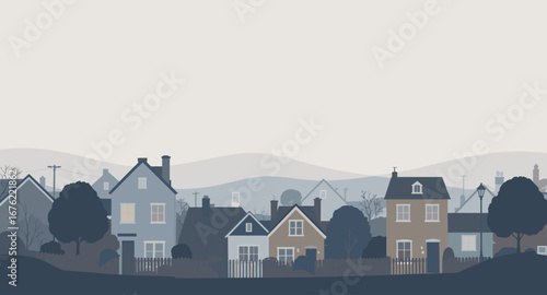 Charming suburban street scene with cozy houses and gentle rolling hills under a soft sky, evoking a sense of peaceful community living and quiet neighborhood charm.