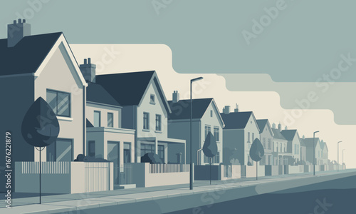 Serene suburban street scene with row of charming houses and trees under a calm, stylized sky, evoking peaceful neighborhood vibes