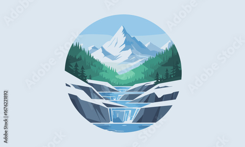 Majestic snow-capped mountains overlook a vibrant turquoise river flowing through a pristine evergreen forest landscape