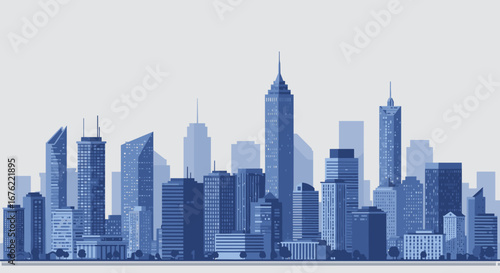 Modern blue cityscape panorama showcasing diverse architectural skyscrapers and urban development, evoking progress and metropolitan dynamism