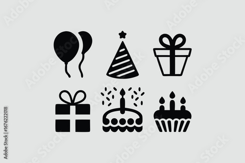 Celebration and party silhouette icon set – filled style festive, event, and birthday symbols for joyful occasions: balloon, cake, gift, hat, confetti, cupcake, streamers.
