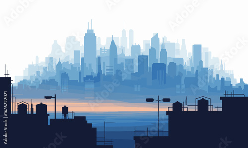 Stunning blue cityscape silhouette at dawn, showcasing modern skyscrapers and tranquil water reflections, evoking urban progress and calm.