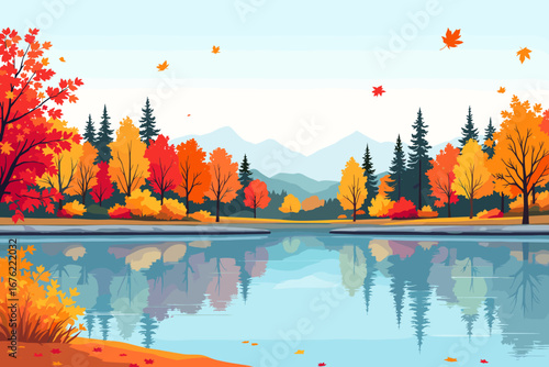 Vibrant autumn lakeside scene with colorful trees and serene water reflections, evoking natural beauty and seasonal change
