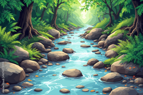 Serene forest stream flows over smooth rocks surrounded by lush green ferns and ancient trees, creating a tranquil natural escape.