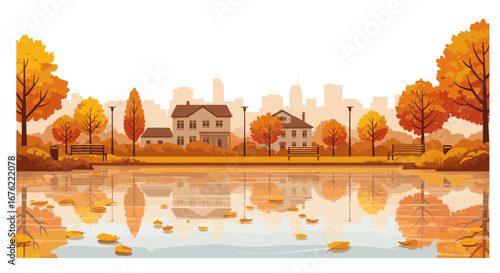 Vibrant autumn park scene unfolds with colorful trees, tranquil lake reflections, and cozy houses, perfect for seasonal storytelling and urban relaxation.