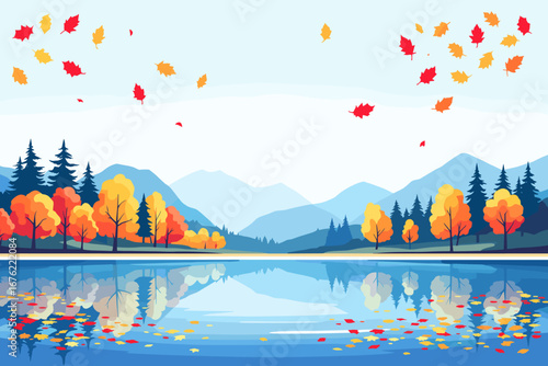 Vibrant autumn landscape with falling leaves over a serene lake reflecting colorful trees and distant blue mountains