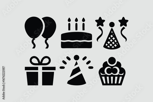 Celebration and party silhouette icon set – filled style festive, event, and birthday symbols for joyful occasions: balloon, cake, gift, hat, confetti, cupcake, streamers.