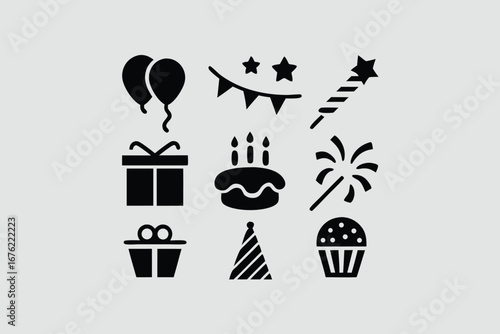 Celebration and party silhouette icon set – filled style festive, event, and birthday symbols for joyful occasions: balloon, cake, gift, hat, confetti, cupcake, streamers.