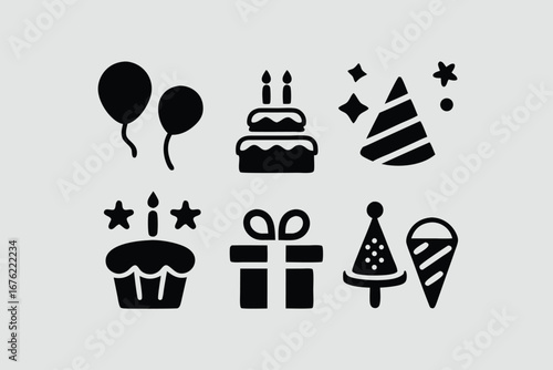 Celebration and party silhouette icon set – filled style festive, event, and birthday symbols for joyful occasions: balloon, cake, gift, hat, confetti, cupcake, streamers.