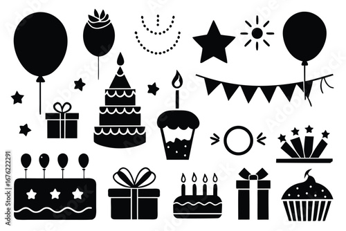 Celebration and party silhouette icon set – filled style festive, event, and birthday symbols for joyful occasions: balloon, cake, gift, hat, confetti, cupcake, streamers.