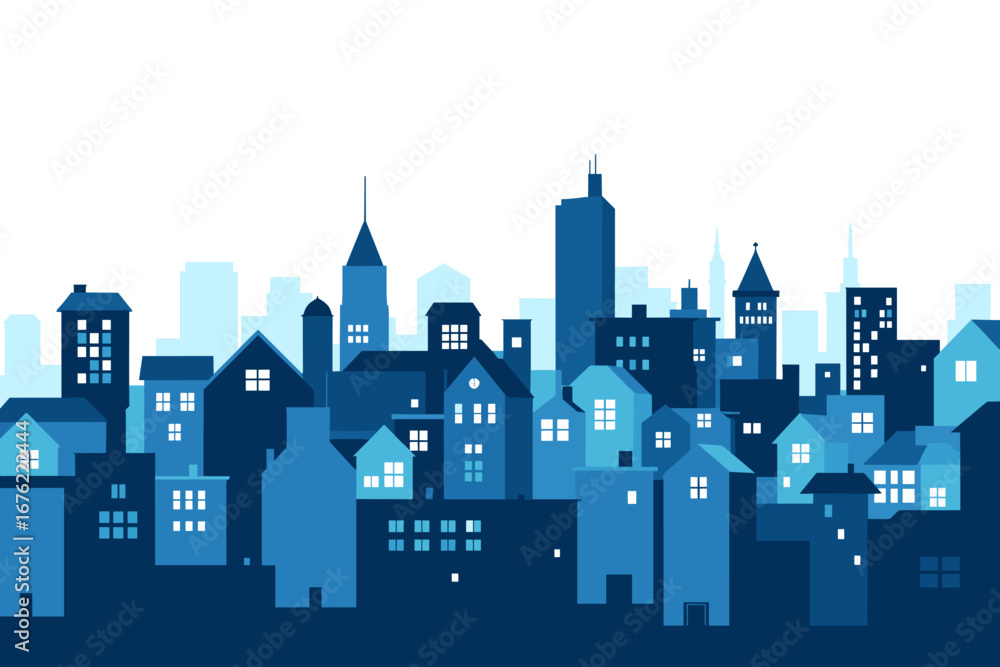 Fototapeta premium Vibrant blue cityscape silhouette with modern buildings and illuminated windows, perfect for urban themes and design projects