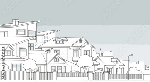 Discover charming suburban street scenes featuring diverse modern homes, fences, trees, and lampposts, perfect for real estate and neighborhood concepts.