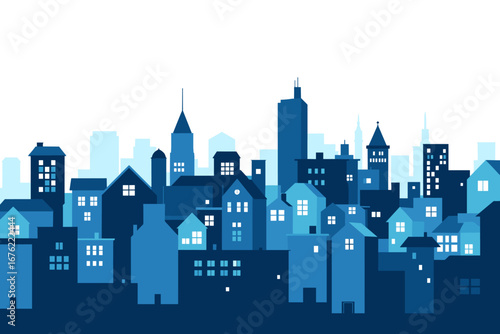 Vibrant blue cityscape silhouette with modern buildings and illuminated windows, perfect for urban themes and design projects