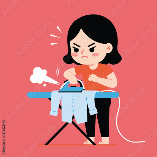 Annoyed Woman Ironing a Light Blue Shirt Frustrated Expression Cartoon Style.