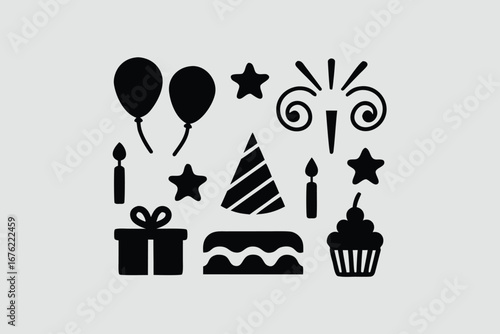 Celebration and party silhouette icon set – filled style festive, event, and birthday symbols for joyful occasions: balloon, cake, gift, hat, confetti, cupcake, streamers.