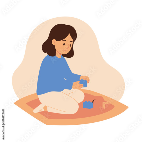 Cheerful young woman playing with blue building blocks sitting crosslegged on a mat flat vector art.