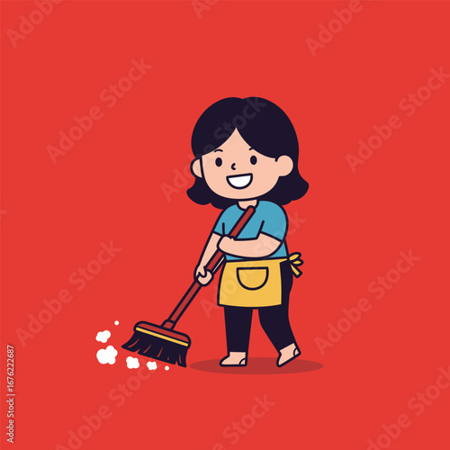 Cute cartoon character sweeping with a broom and dust.