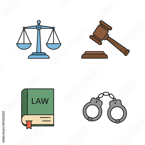 Iconic Legal Symbols Scales of Justice Gavel Law Book and Handcuffs.