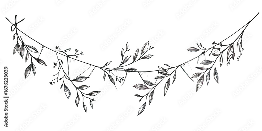 Fototapeta premium Hand drawn sketch doodle style botanical garland with leaves and branches illustration for decoration and celebration design elements in black and white line art