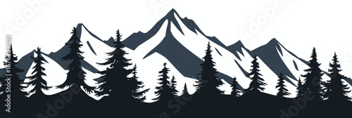 Minimalist flat vector silhouette of mountain peaks with dense pine tree forest in foreground outdoor nature scenery landscape design element