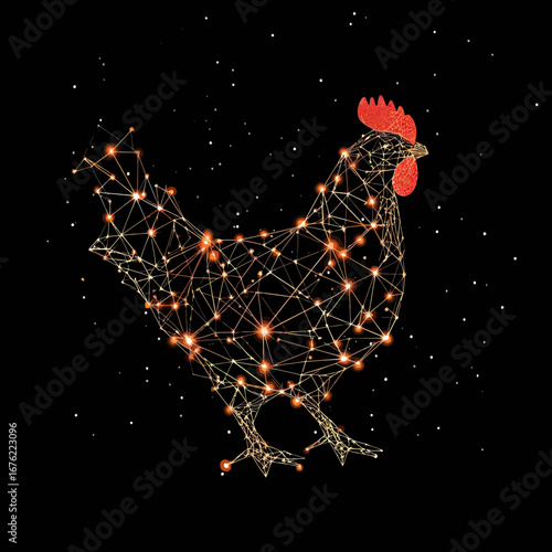 Low poly wireframe chicken silhouette composed of glowing star points and connecting lines in space style with bright red comb and wattle against black background vector illustration