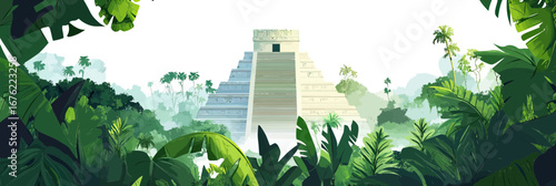 Ancient Mayan Pyramid Rising Above Dense Tropical Jungle Canopy with Lush Greenery and Palm Trees in Flat Minimalist Vector Style