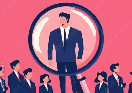 Businessman highlighted under magnifying glass among group of job candidates recruitment selection concept flat design vector illustration on pink background