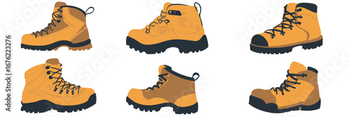 Set of six hiking boots in flat minimalist vector style featuring various angles and details of orange and black outdoor footwear for trekking and adventure activities