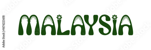 Retro Malaysia Typography with Botanical Flower Elements, Bold Green Lettering Isolated on Transparent Background for Travel and Tourism Design