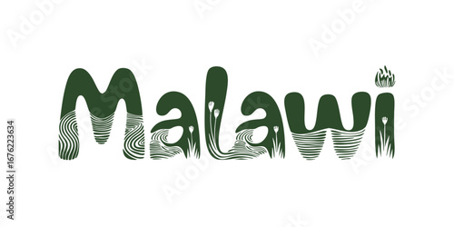 Malawi Typography Logo with Nature Motifs, Green Organic Letters, African Grass, Water, and Minimalist Design on Transparent Background