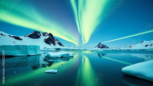 Northern Lights over the Arctic Ocean with icebergs and snow-covered mountains
