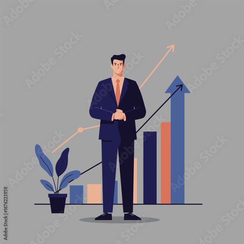 Successful businessman in a dark blue suit standing confidently before a rising financial growth chart.
