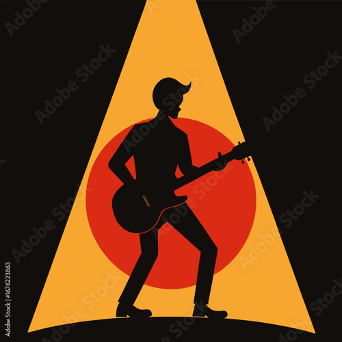  a silhouette of a guitarist playing on stage with  focus light. rock musician with guitar