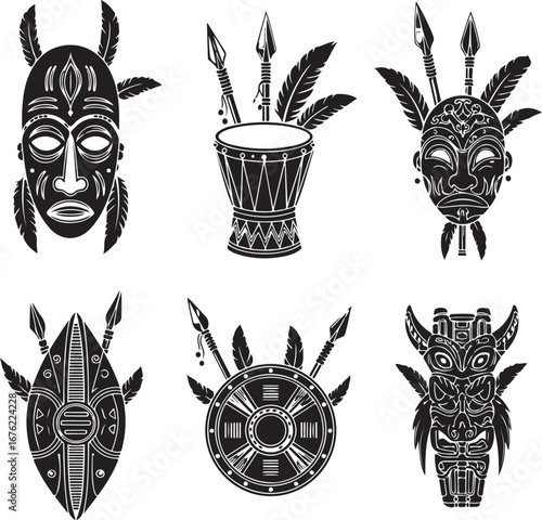 Tribal Artefacts Compilation of African Masks Shields Drum and Spears with Ornamental Designs and Symbolic Meaning in Black and White