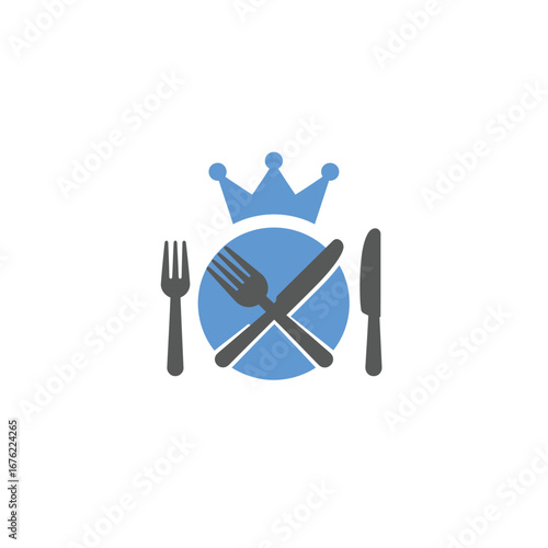 Royal Cuisine Logo Blue Plate Crossed Fork and Knife Crown.