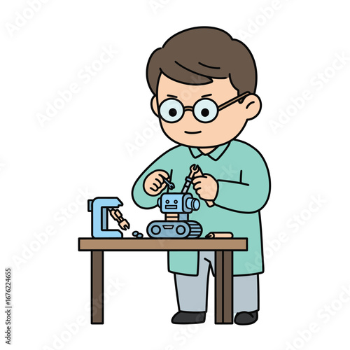 Cartoon engineer in a lab coat and glasses assembling a small blue tracked robot with a wrench at his workbench.