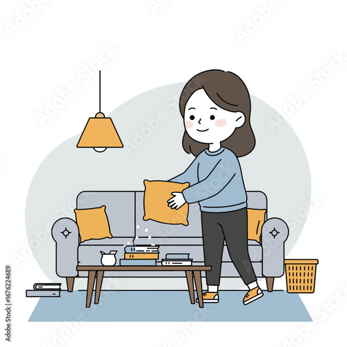 Smiling cartoon woman with brown hair in a blue sweater tidying up fluffing a soft orange pillow.