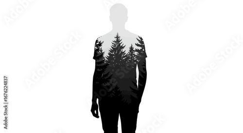 Double exposure silhouette of man with forest inside creating artistic contrast